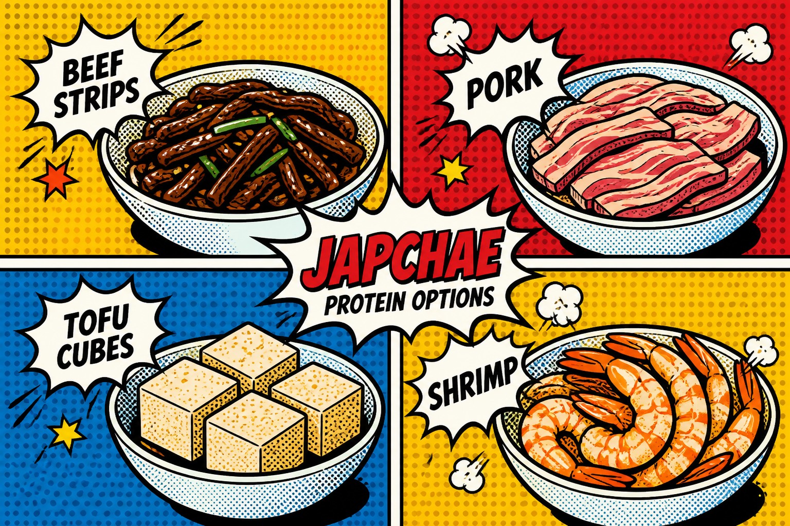 Protein Variations: Beef, Pork, Tofu, and Shrimp Japchae